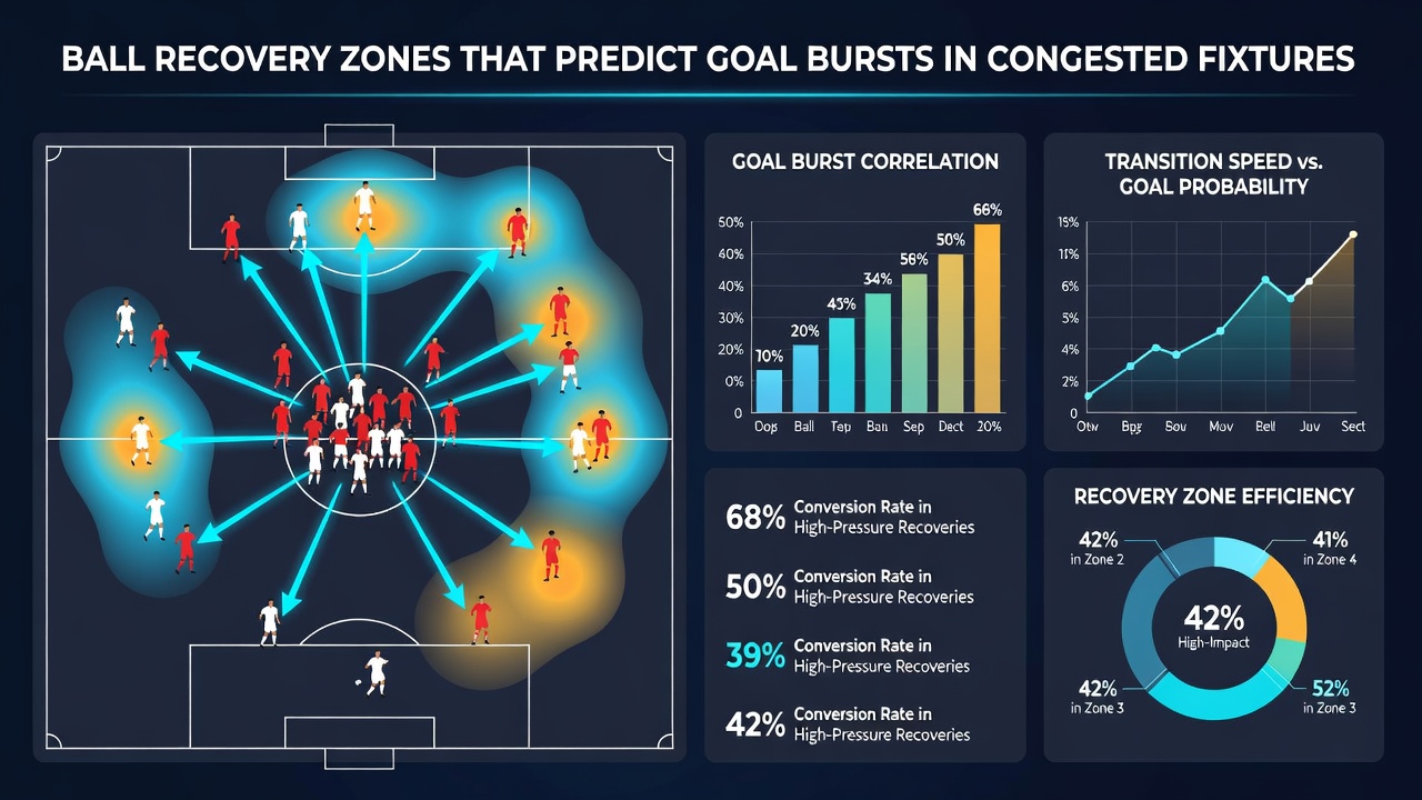 Infographic showing statistical correlations between ball recovery zones and goal bursts in European leagues during fixture congestion