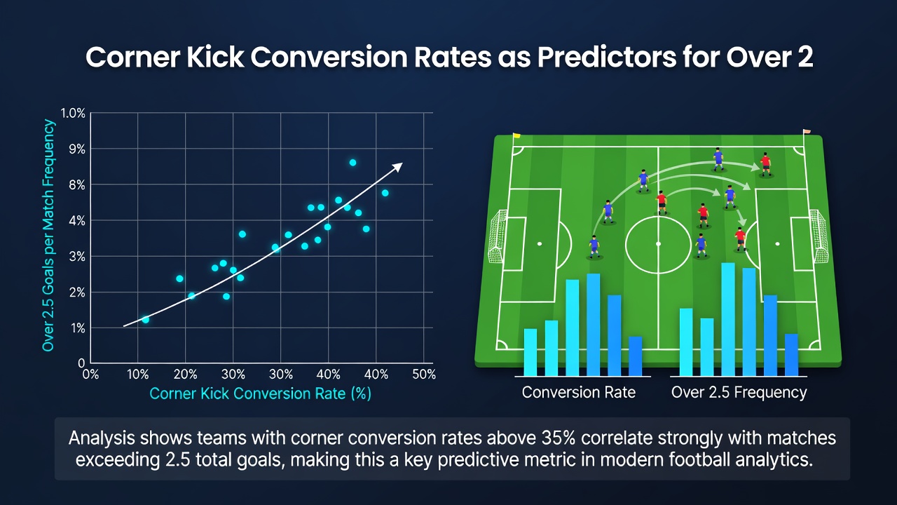 Statistical chart displaying corner kick conversion percentages versus average match goal totals across European leagues
