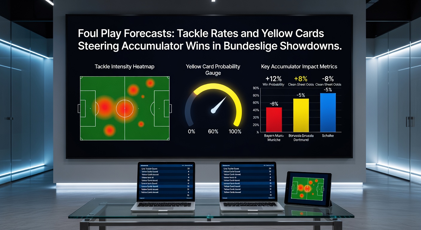 Bundesliga referee issuing yellow card after heated tackle, crowd reacting in stadium frenzy