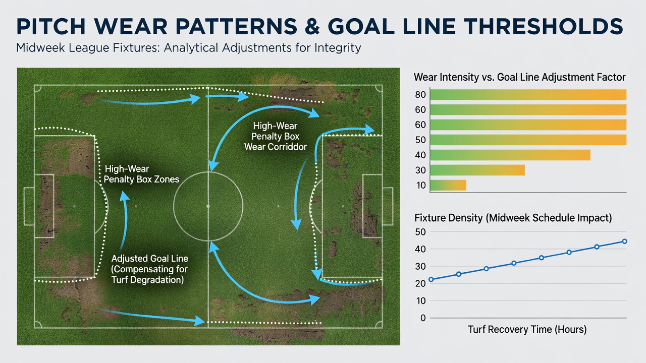 Aerial shot of a midweek league match highlighting visible pitch wear lines and player positioning