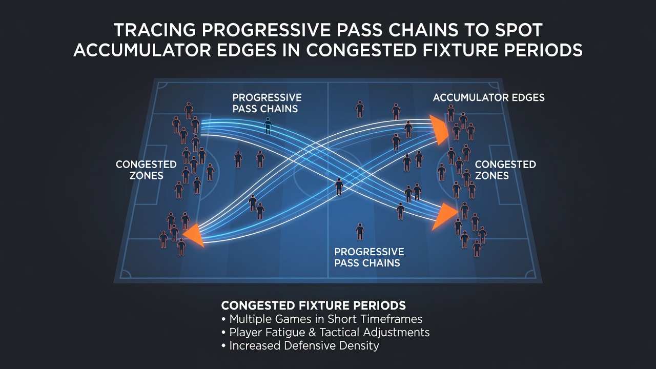 Football pitch graphic illustrating progressive pass chains connecting defense to attack during congested periods