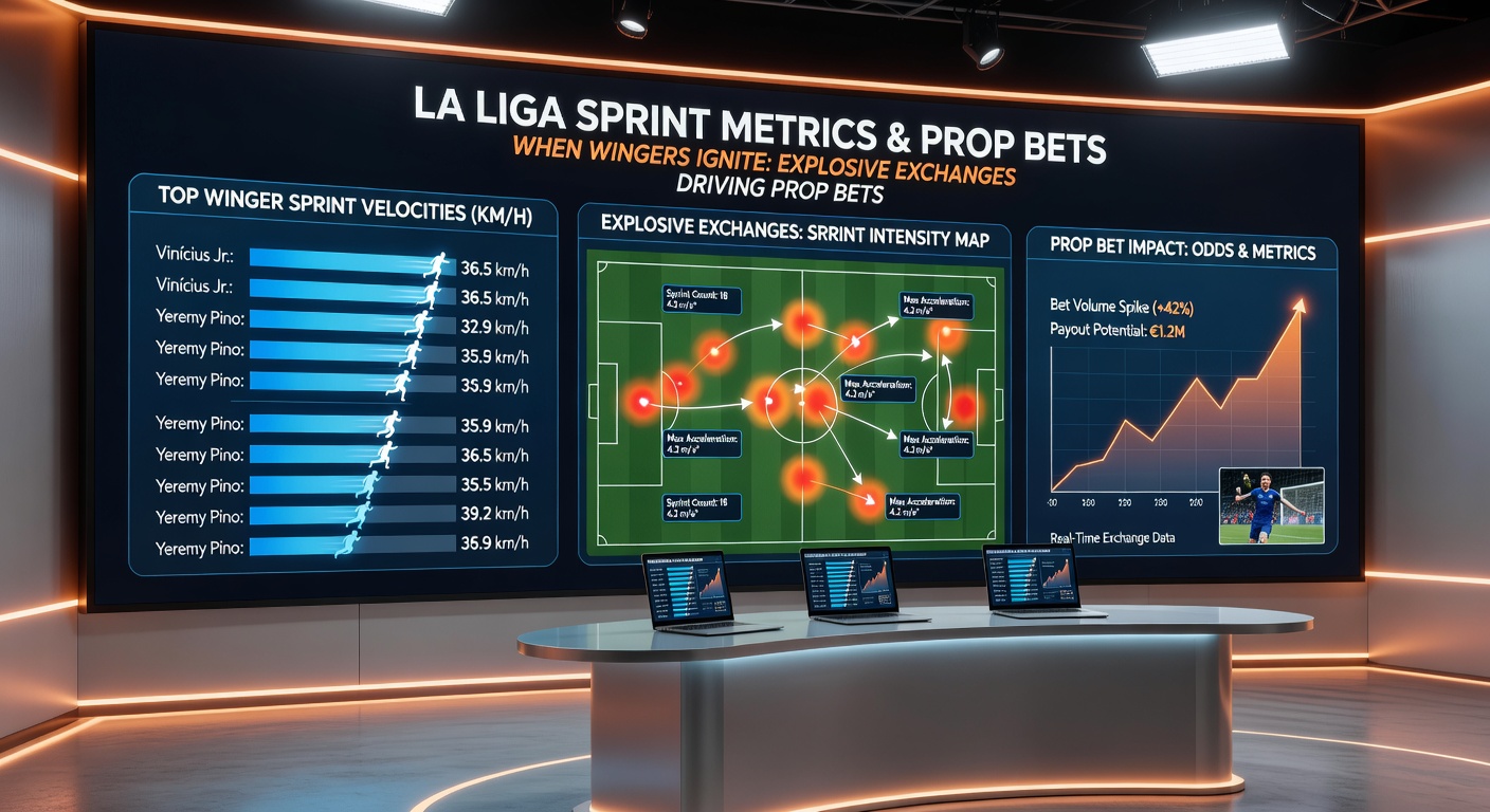 Close-up of a winger tracking sprint data overlay on a La Liga pitch graphic, showing heat maps of explosive runs leading to goals and assists in recent fixtures